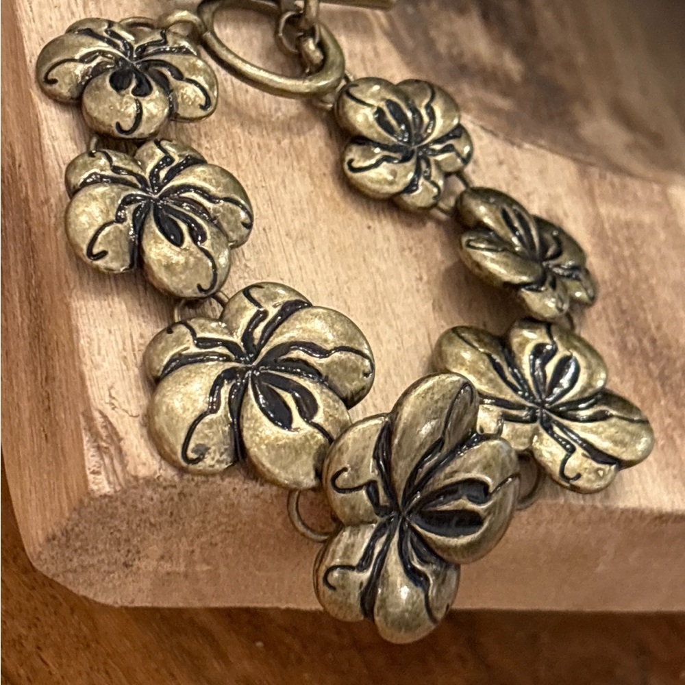 Vintage Floral Antique Gold Toggle Bracelet Boho Statement